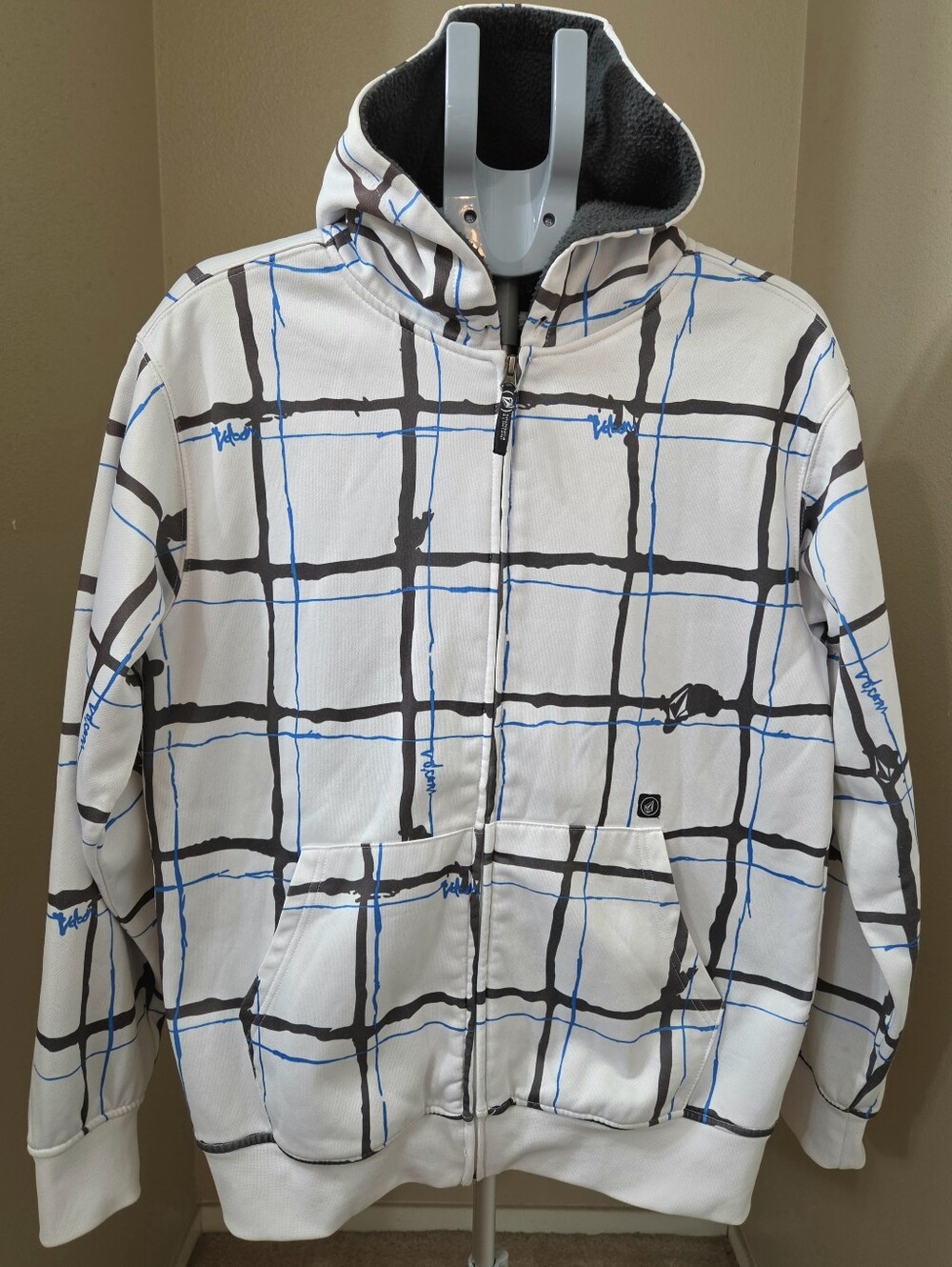 Volcom White Plaid Zip Hoodie with Black & Blue Grid. M